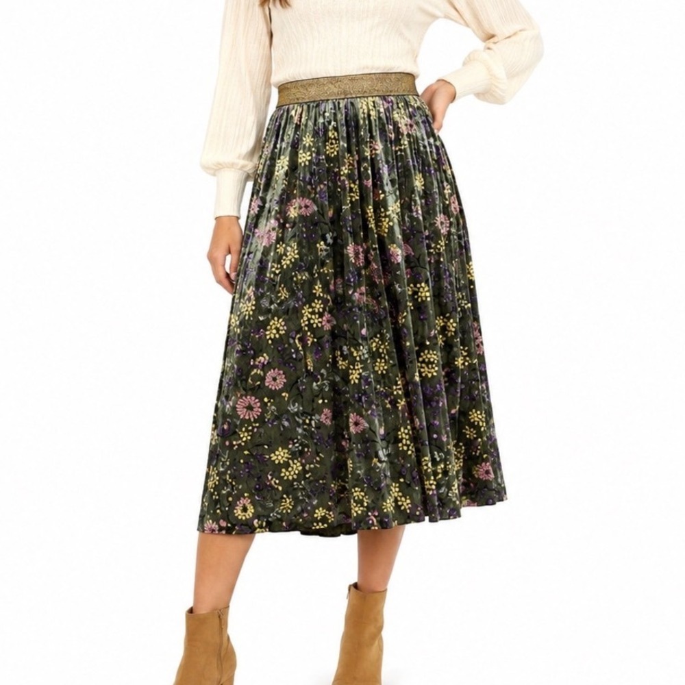 ModCloth Green Floral Pleated Velvet Midi Skirt Gold Glitter Waist Dark Romance
